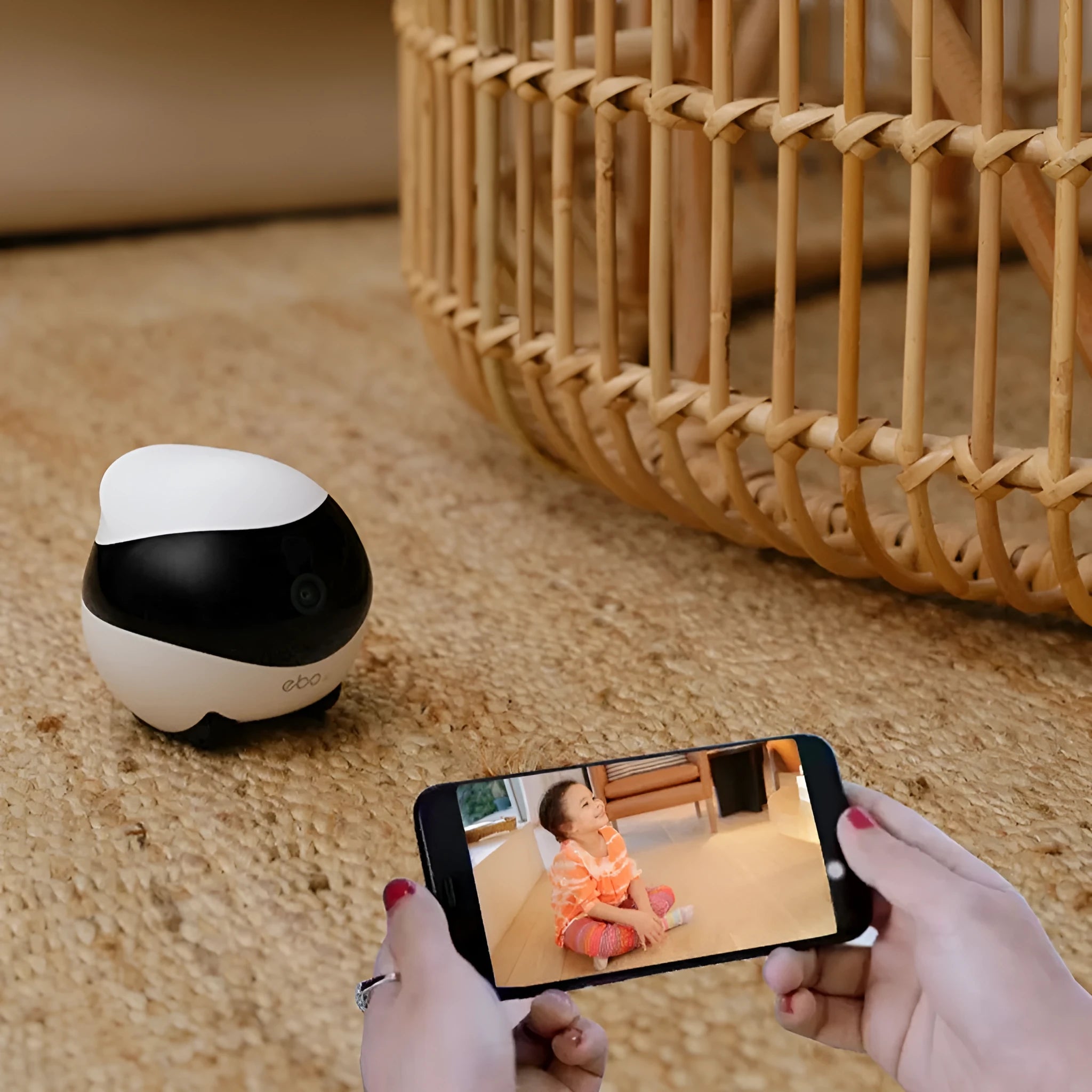 White smart home mobile surveillance robot camera with automatic docking station