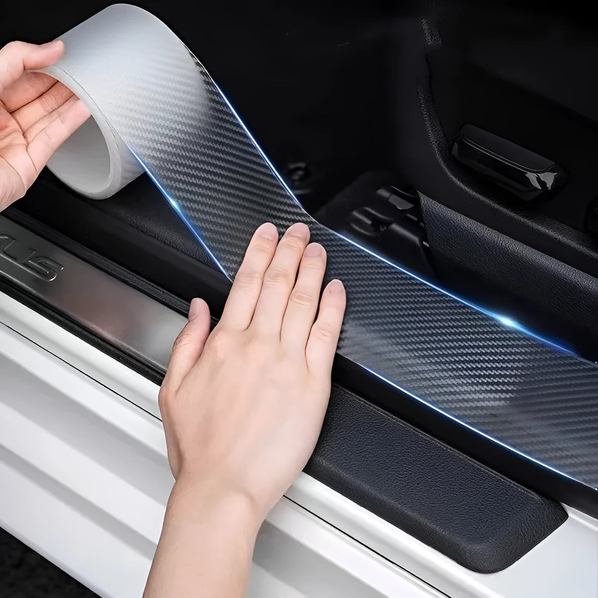 Transparent carbon fibre grain anti-collision strip roll for car door protection with scraper and utility knife.