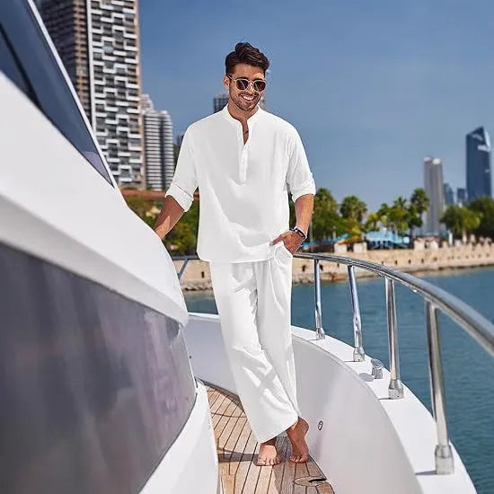 Men's cotton casual suit in solid colour with long sleeves and trousers for leisure wear