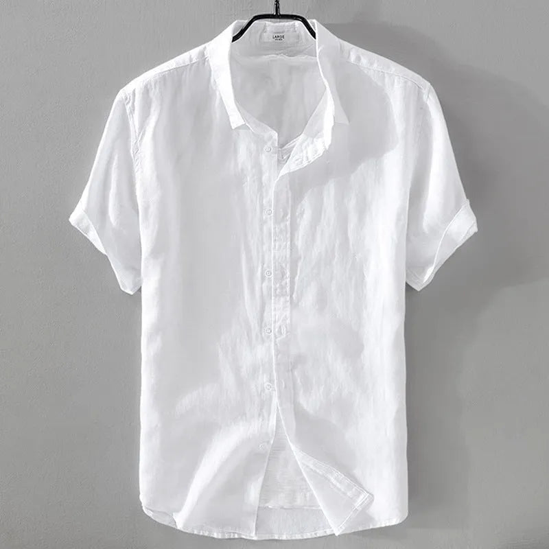 Men's loose fit short sleeve shirt in a cotton linen blend, shown in a solid colour.