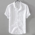 Men's loose fit short sleeve shirt in a cotton linen blend, shown in a solid colour.