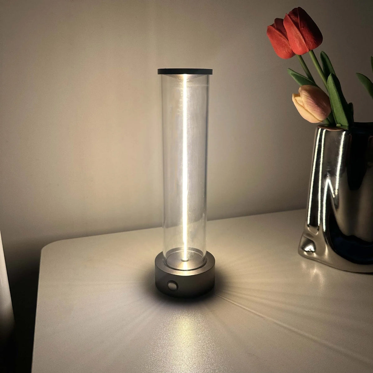 Slim clear glass LED light strip with magnetic base and USB charging cable