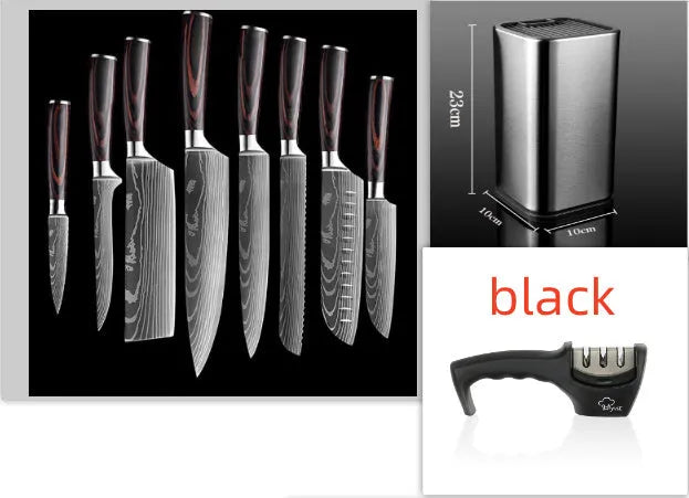 Chef knife with laser Damascus pattern on 7CR17 steel blade and colour steel handle.