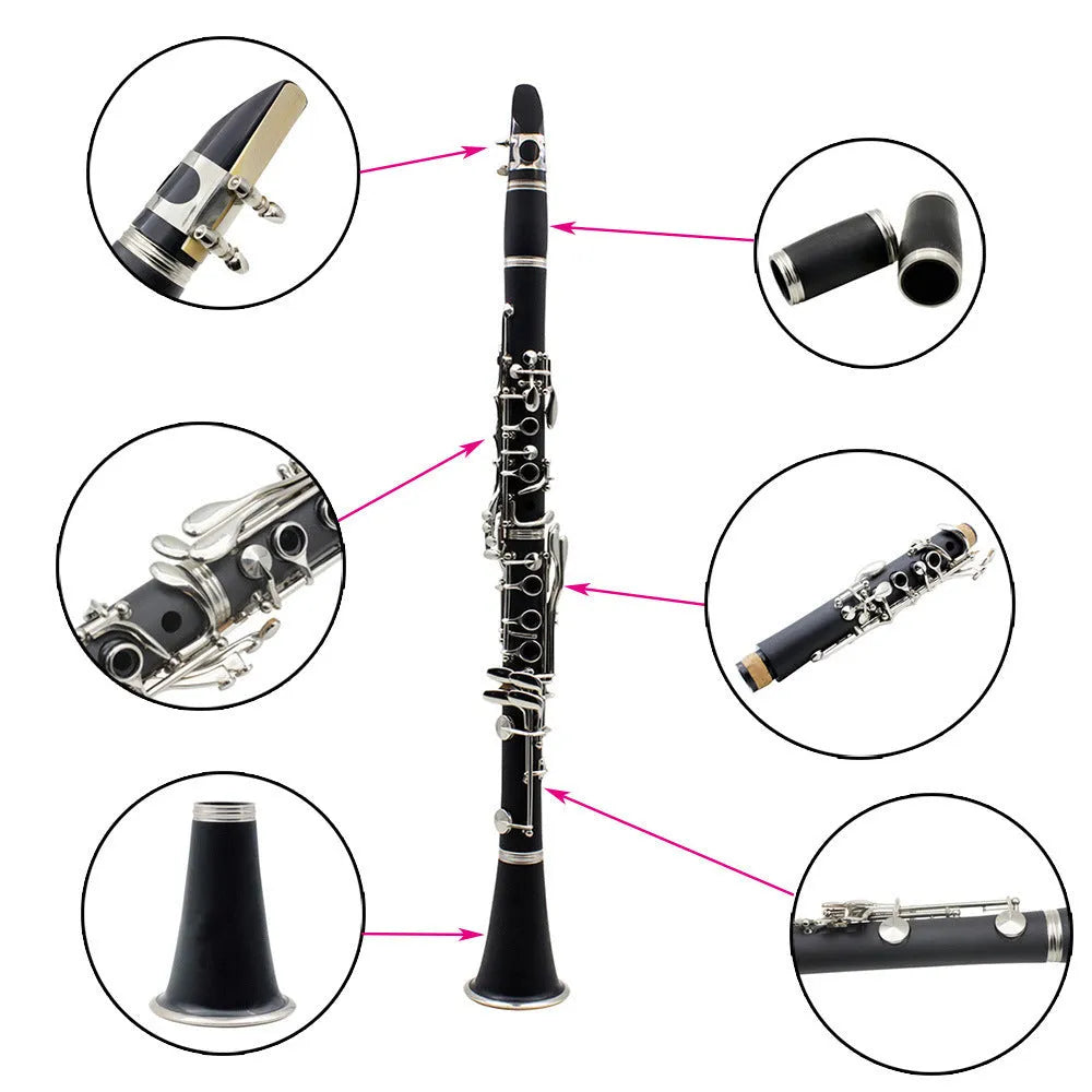 Black Bakelite beginner clarinet with 17 nickel-plated keys and protective bag