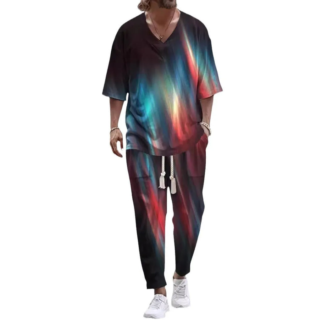 Men's cropped sleeve V-neck polyester suit in thin fabric with trousers, available in multiple colours and sizes S to 6XL