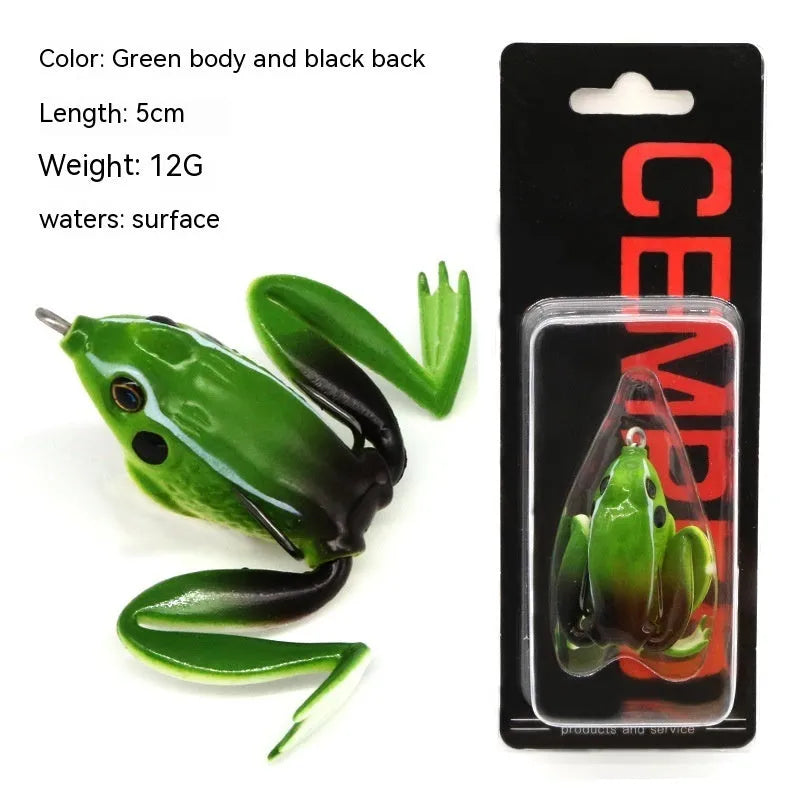 Bionic frog snake head luya fishing lure with black thunder frog legs simulation and double hooks