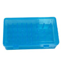 Plastic sewing kit storage box with 42 compartments shown in transparent, pink, and blue colour options.