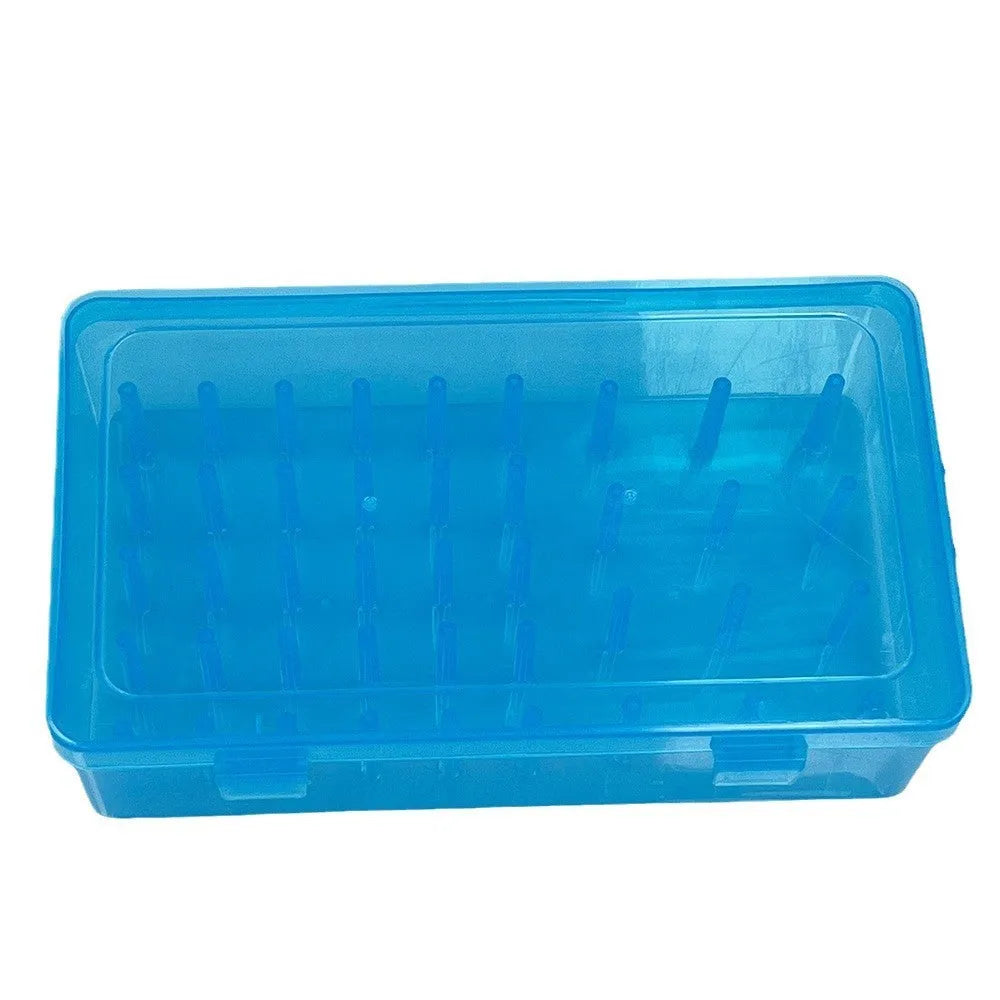 Plastic sewing kit storage box with 42 compartments shown in transparent, pink, and blue colour options.
