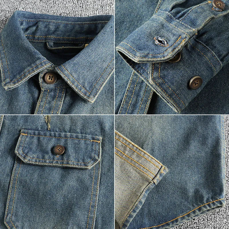Men's light blue washed vintage denim shirt with loose cardigan fit and long sleeves
