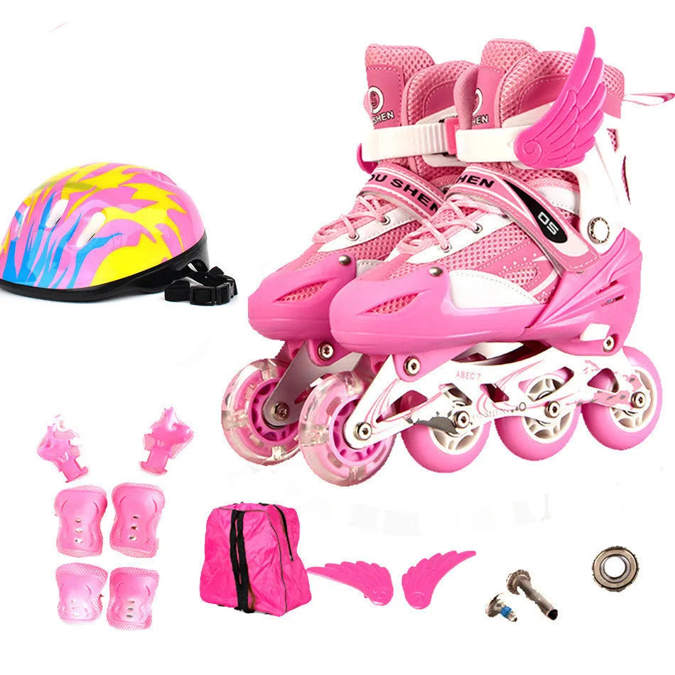 Children's adjustable PU skating shoes with aluminium frame and complete protective gear set in various colours