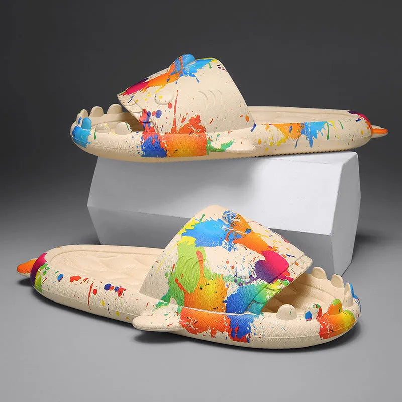 Shark design open-toe home slippers in EVA material on a white background.