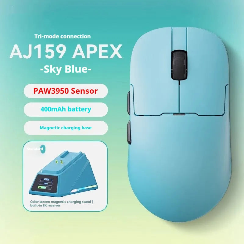 AJ159 white and black gaming mouse with three-mode connectivity on a mouse mat