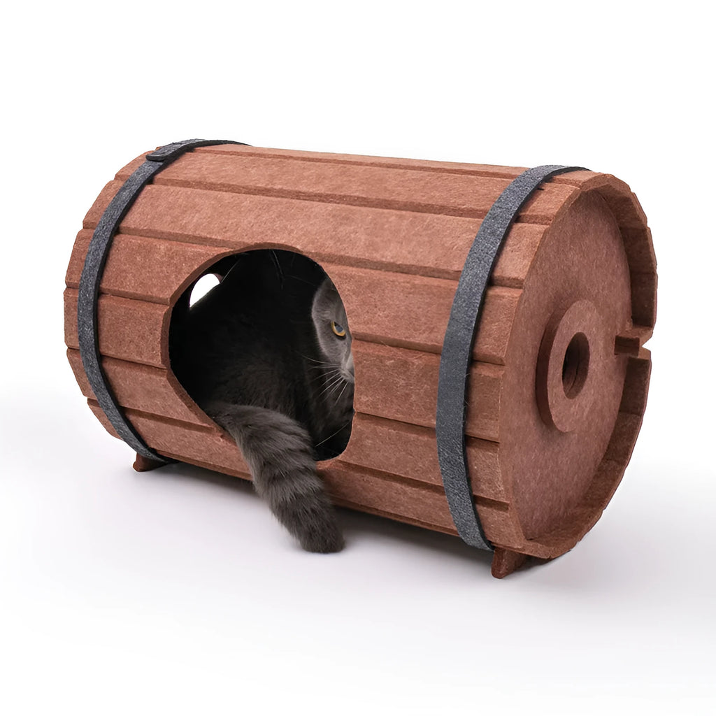 DIY wine barrel-shaped cat bed made from grey polyester fibre felt, showing three flat pieces and two straps for assembly.