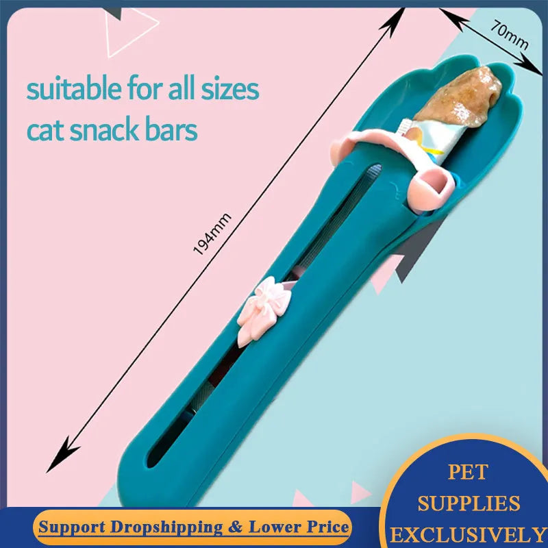 Two-tone pet feed spoon with extrusion scoop and squeezer feeder for liquid food and treats.