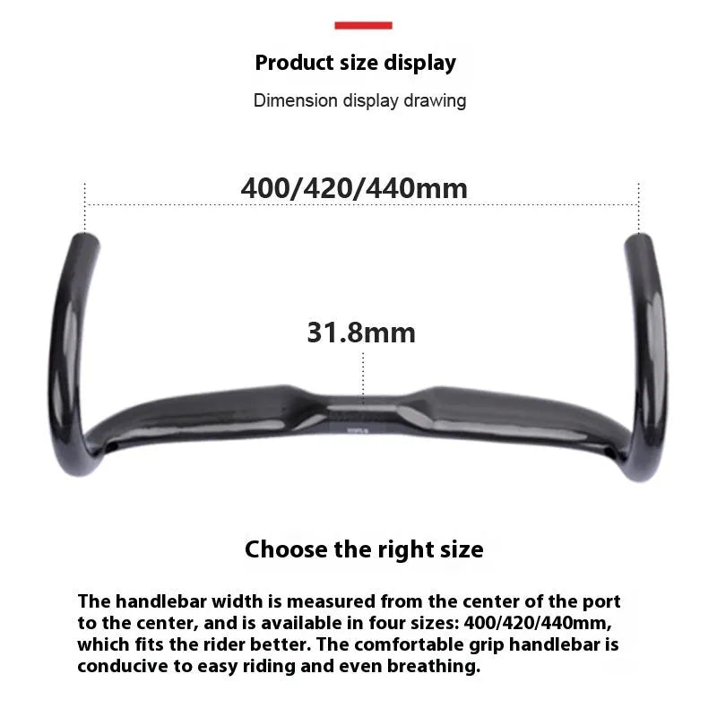 Carbon fibre road bicycle drop handlebar in black grey silver, shown in 400mm, 420mm, and 440mm width options.