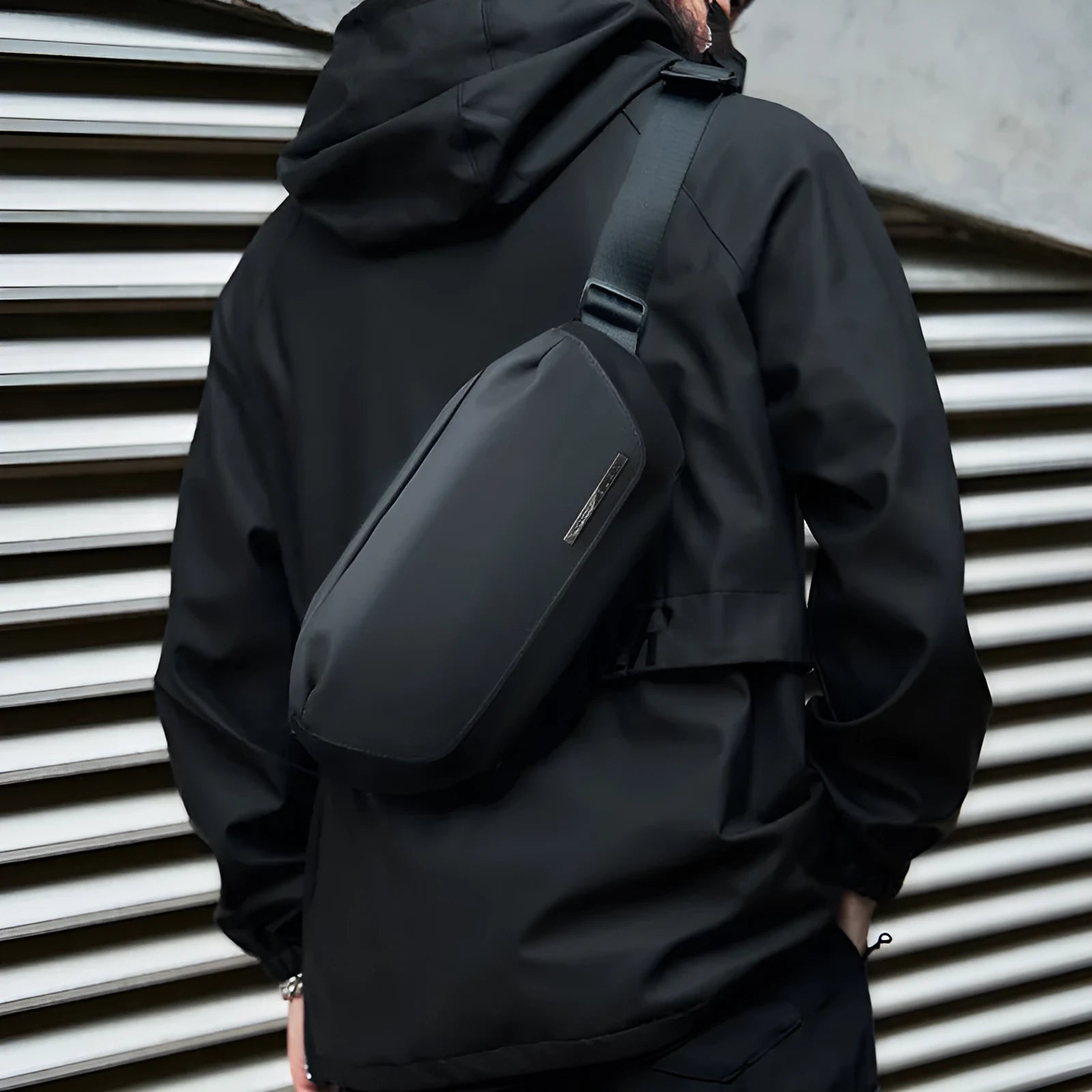 Black Oxford cloth men's messenger crossbody bag with street trend sewing thread detailing