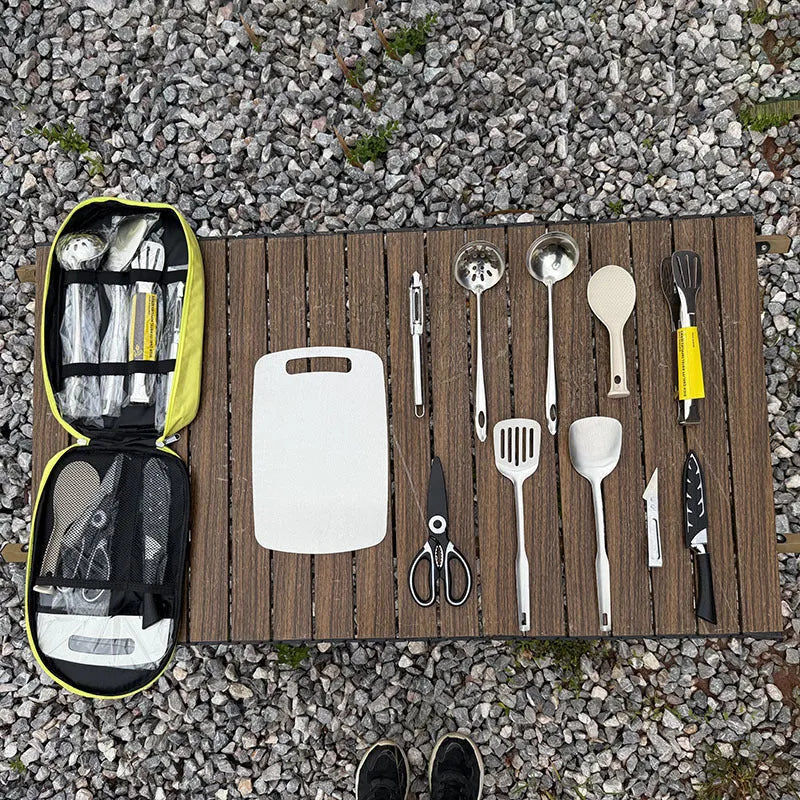 Brown portable picnic kitchenware storage bag containing 12-piece stainless steel cutlery set