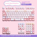 Sweet cotton candy coloured PBT pudding keycaps for mechanical keyboards on a desk