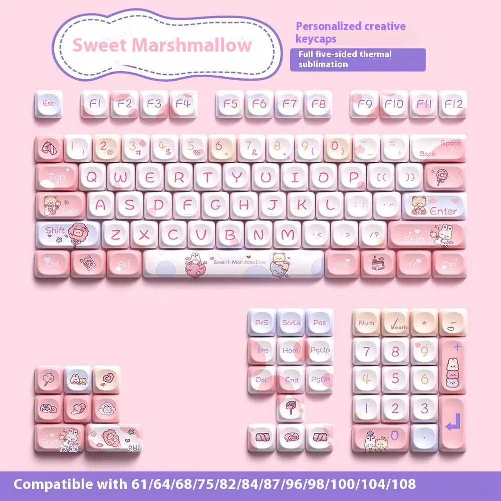 Sweet cotton candy coloured PBT pudding keycaps for mechanical keyboards on a desk