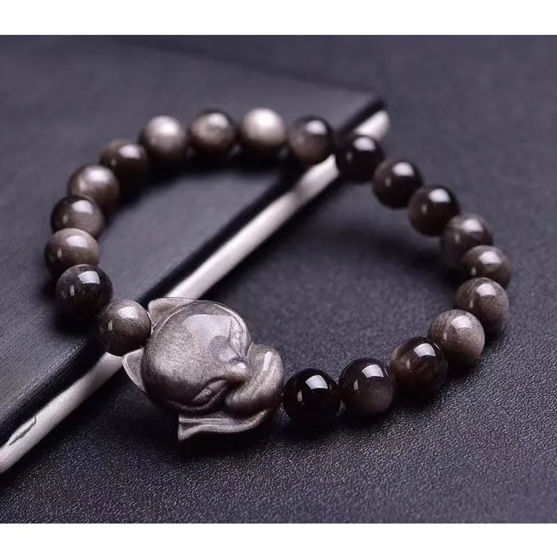 Black obsidian bracelet with fox ring charm and adjustable closure