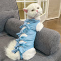 Lace-up polyester cat recovery suit for post-surgery care in blue, shown on a cat mannequin.
