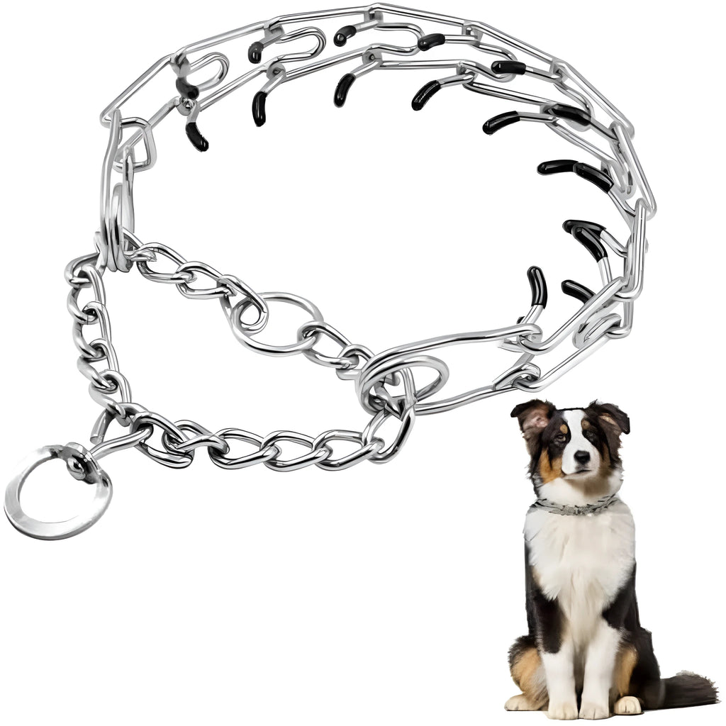 Stainless steel dog training collar with round links and comfort rubber tips