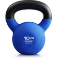 Blue cast iron teapot-shaped kettlebell with a handle, showing its 10kg weight for home gym use.