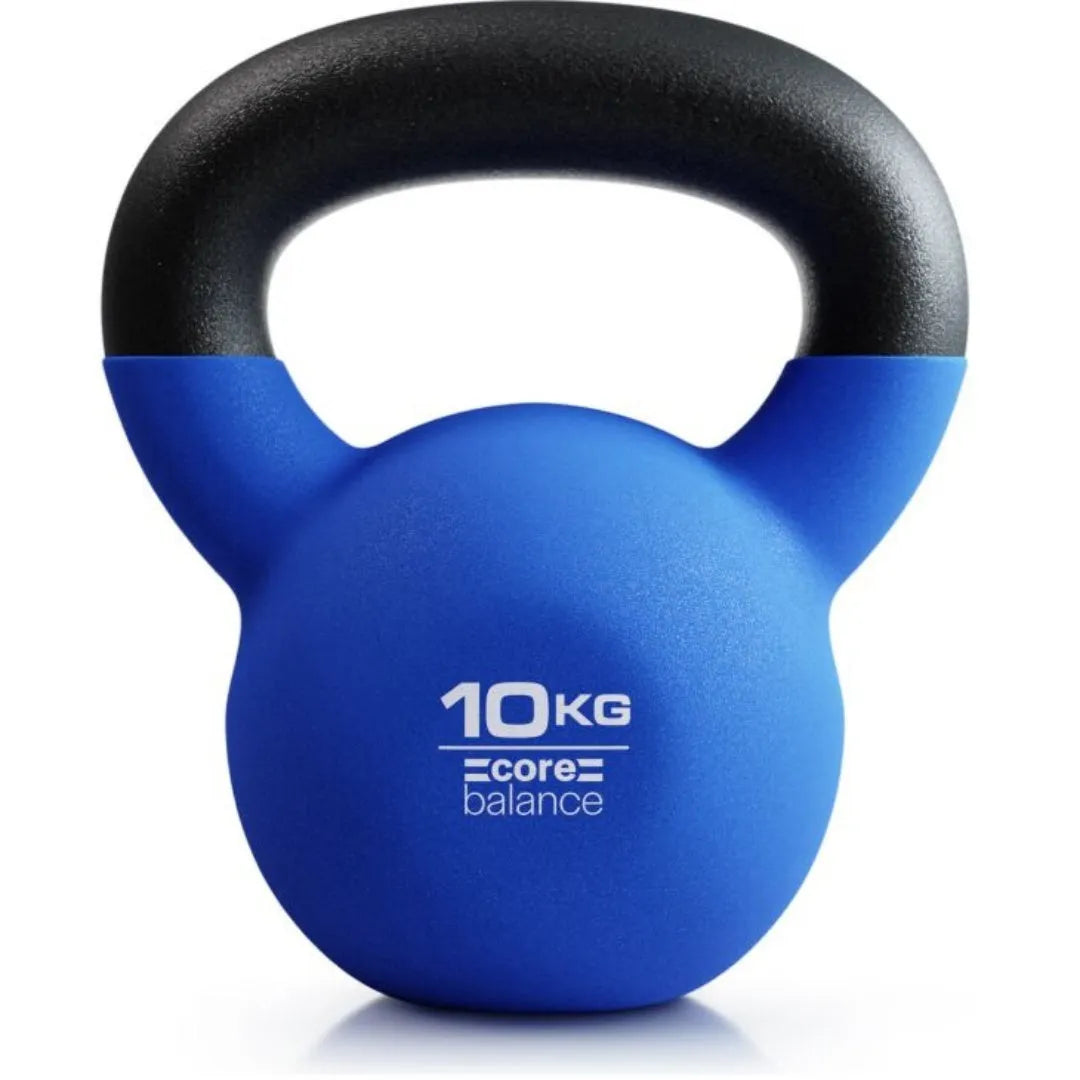 Blue cast iron teapot-shaped kettlebell with a handle, showing its 10kg weight for home gym use.