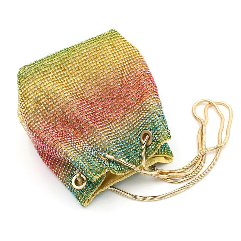 Rainbow colour rhinestone bucket bag with full crystal diamond coverage and soft construction