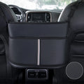 Black leather car seat storage bag with sports carbon fibre pattern measuring 38cm wide