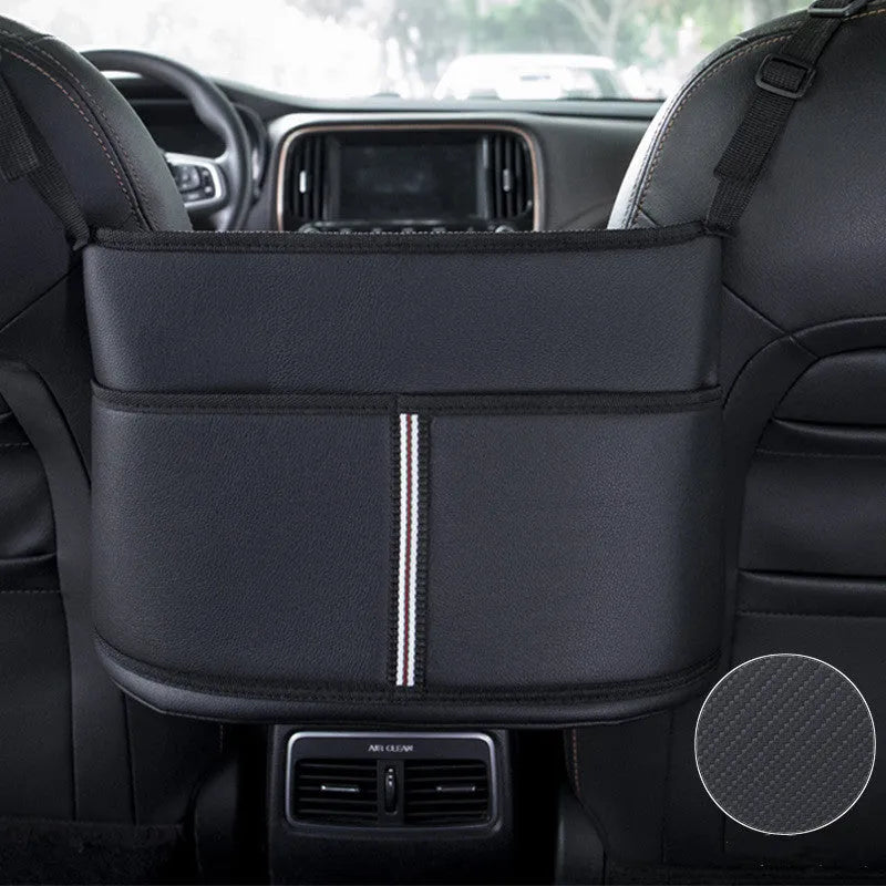 Black leather car seat storage bag with sports carbon fibre pattern measuring 38cm wide