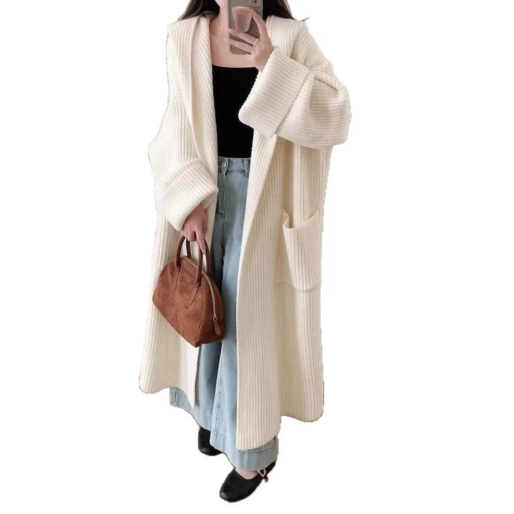 Loose hooded sweatshirt women's extended cardigan coat in milky white black grey purple brown acrylic fabric