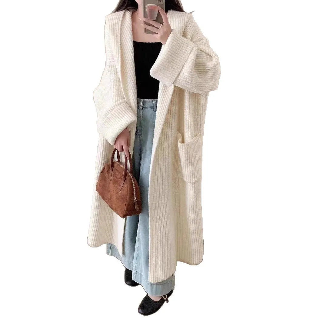 Loose hooded sweatshirt women's extended cardigan coat in milky white black grey purple brown acrylic fabric
