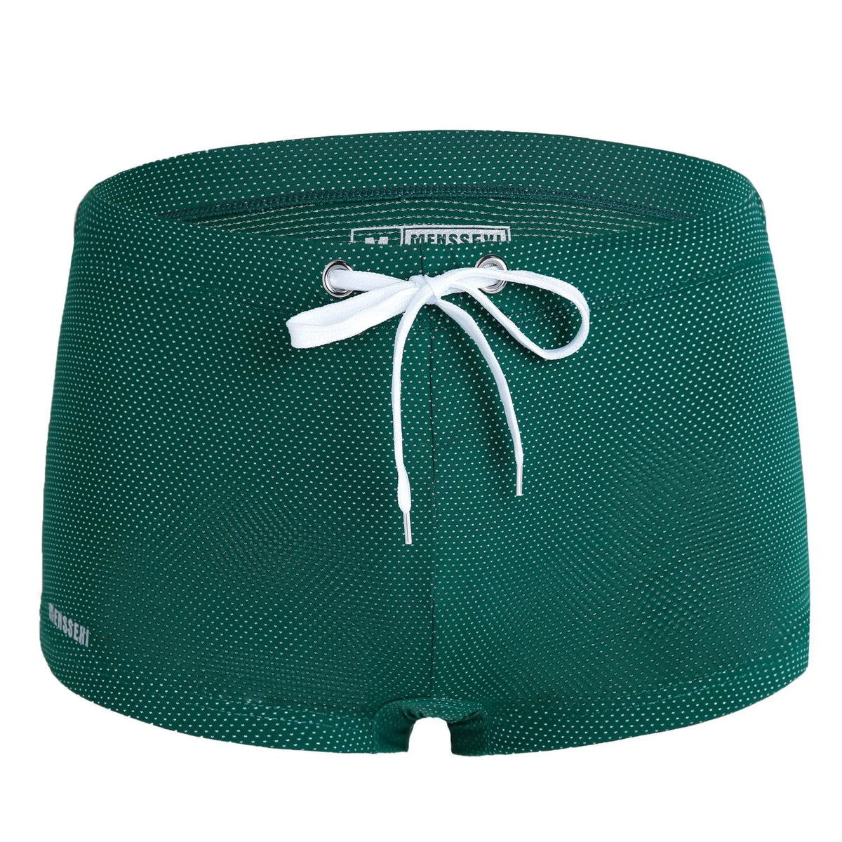Men's lace nylon low waist swimming trunks in boxer brief style on a solid colour background.