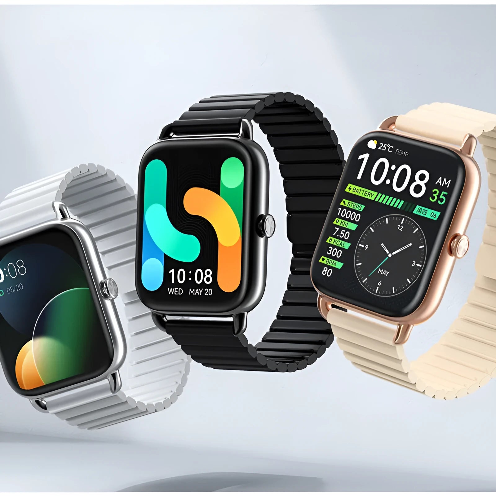 HAYLOU RS4 Plus smart sports watch with AMOLED display in black, champagne, or silver colours