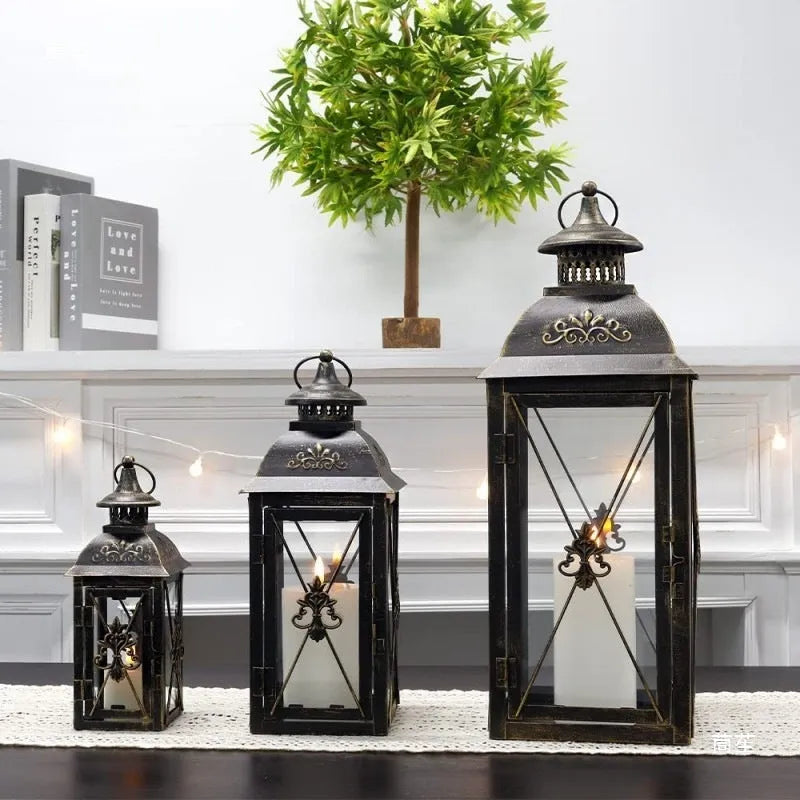 European style wrought iron floor-standing storm lantern with tempered glass panels for garden decoration