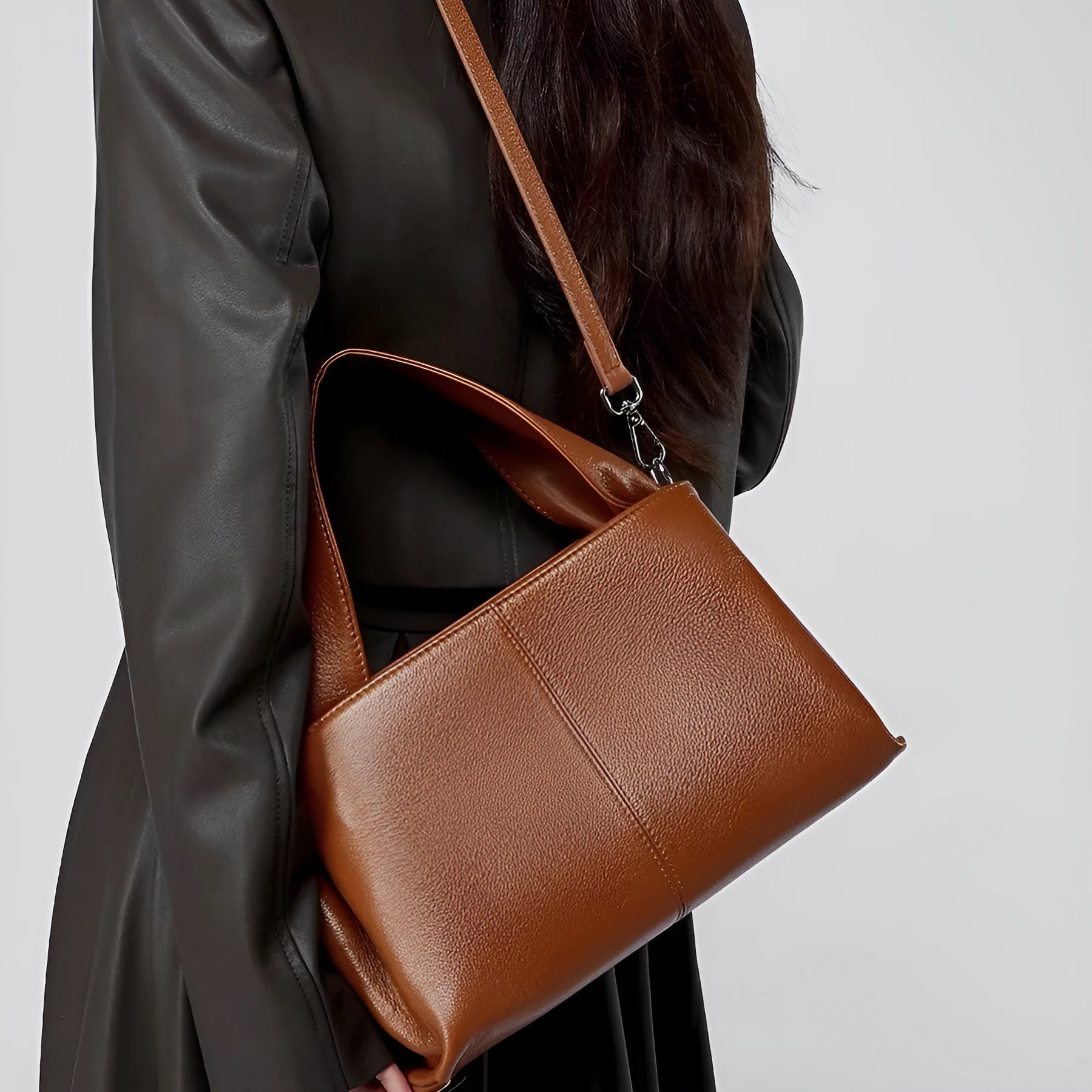 Women's solid colour retro texture cowhide leather messenger bag in horizontal square shape