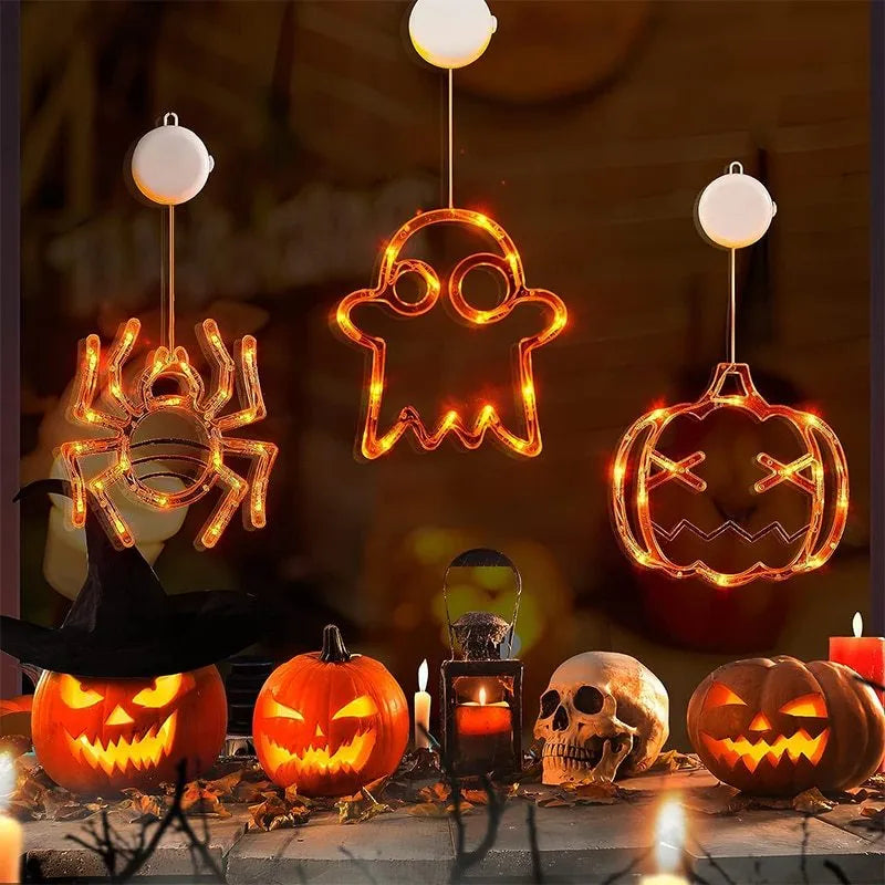 Halloween window hanging LED lights set with spider, pumpkin and ghost designs using battery power