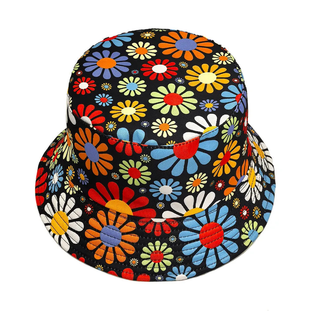 Colourful floral print polyester bucket hat with a dome crown on a white background.