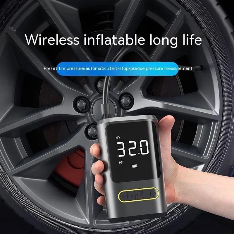 Handheld wireless digital car air pump with display screen, lithium battery power and multiple air nozzles