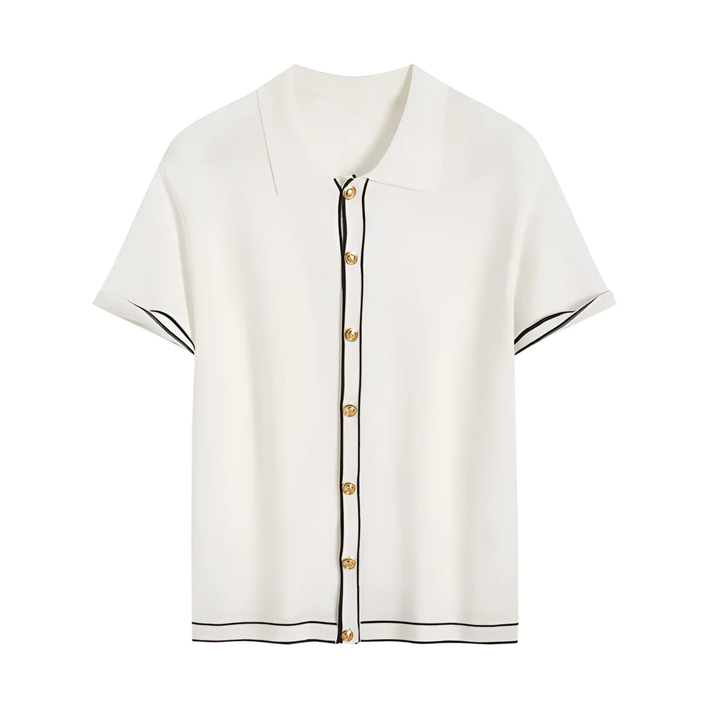 White women's short sleeve cardigan with dark contrast lapels on the collar.