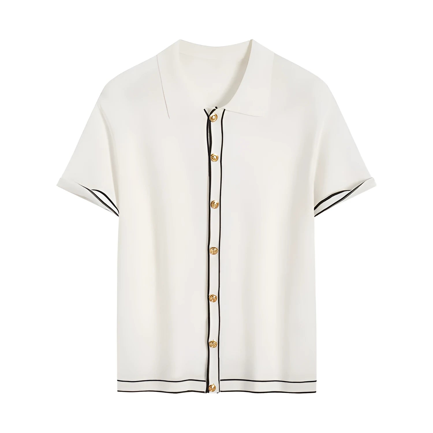 White women's short sleeve cardigan with dark contrast lapels on the collar.