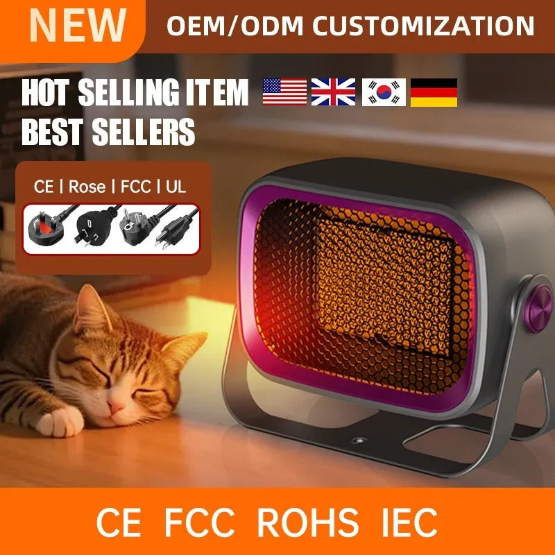 A compact grey desktop electric heater with a rotatable design on a wooden desk.
