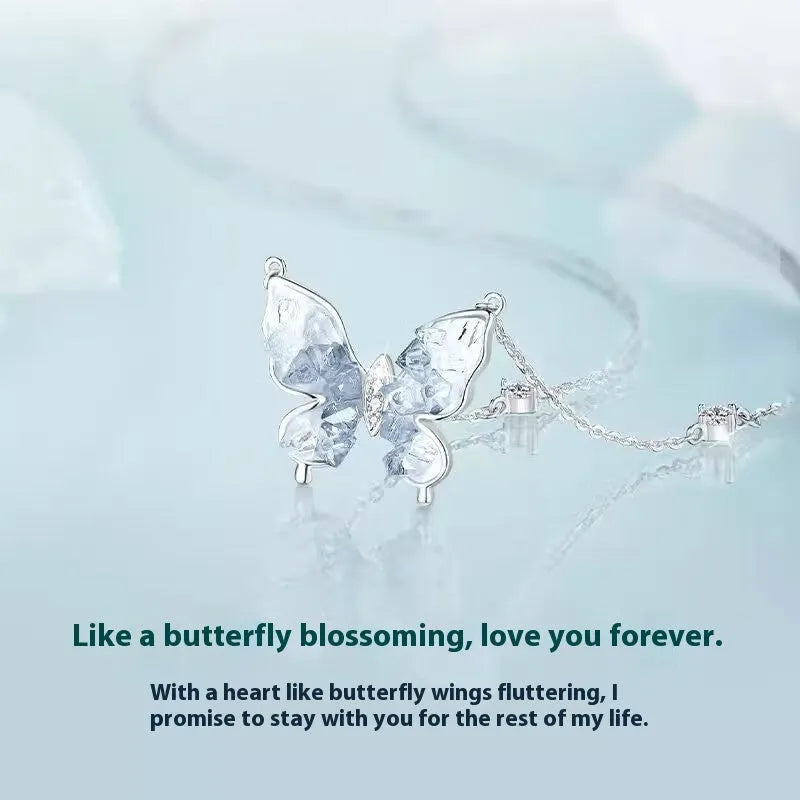 Women's adjustable 925 silver butterfly necklace with 41-50 cm chain and ice rain pendant