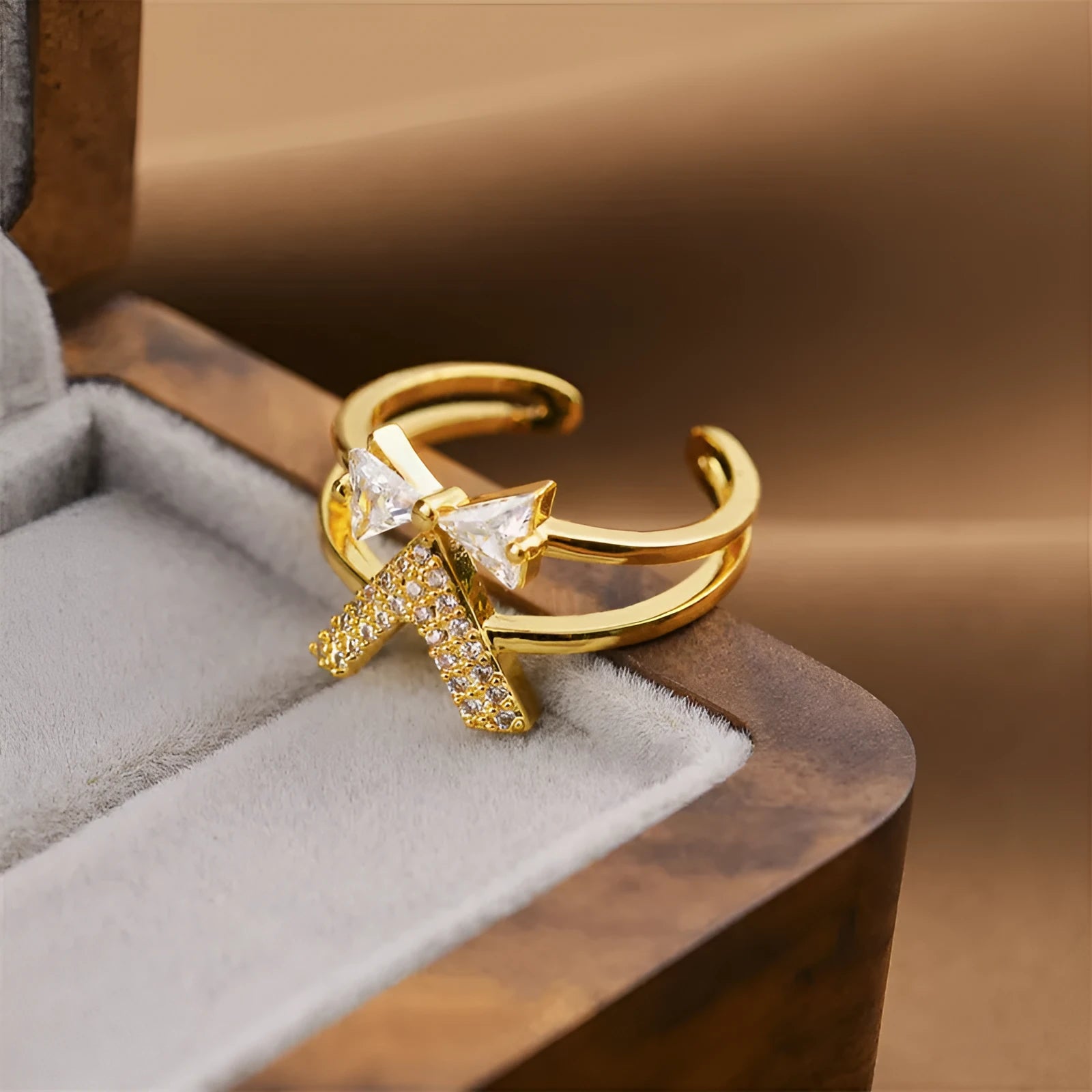 Korean geometric open ring in gold colour with electroplated finish on copper