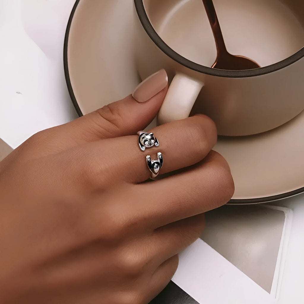 Adjustable panda open ring in sterling silver with white gold plating