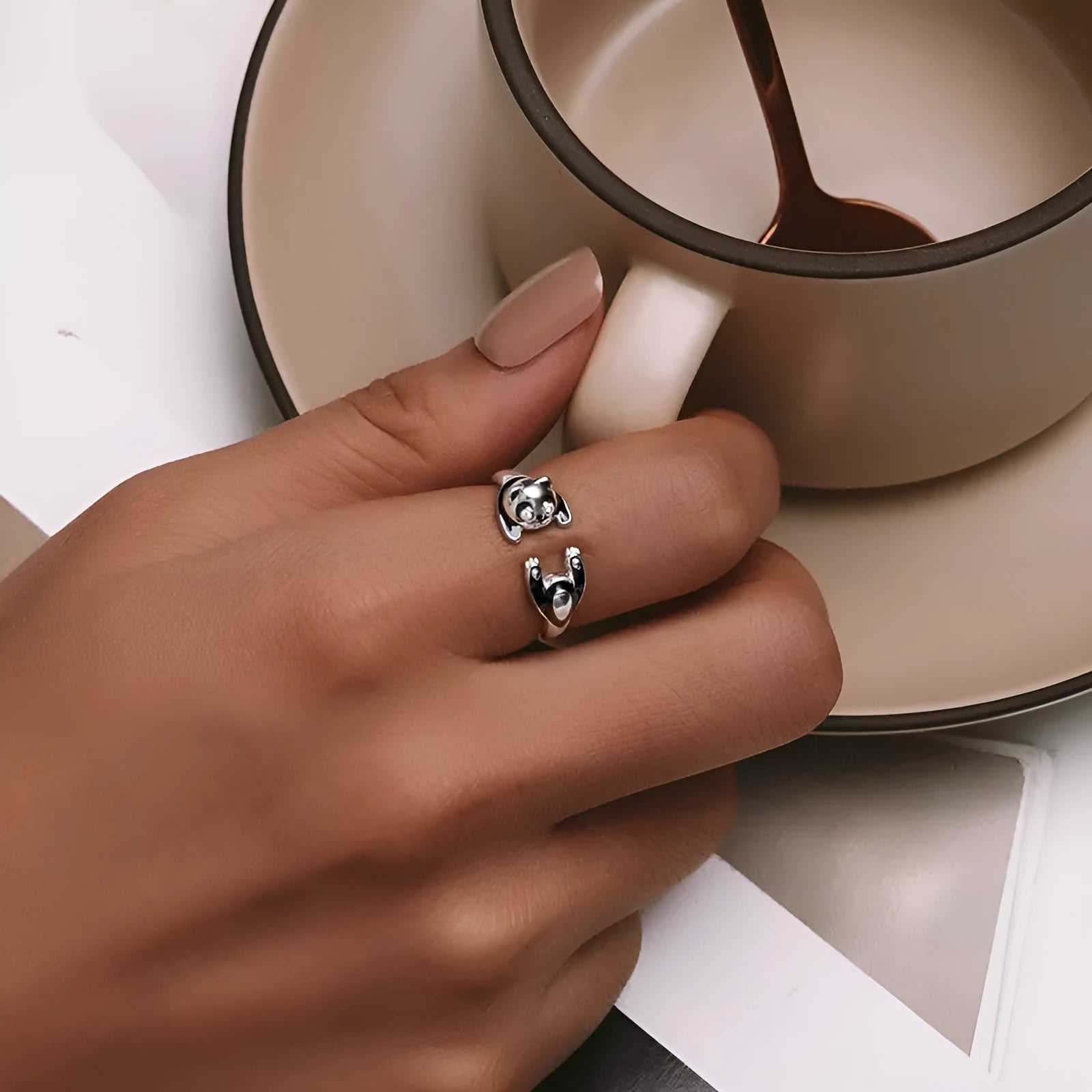 Adjustable panda open ring in sterling silver with white gold plating