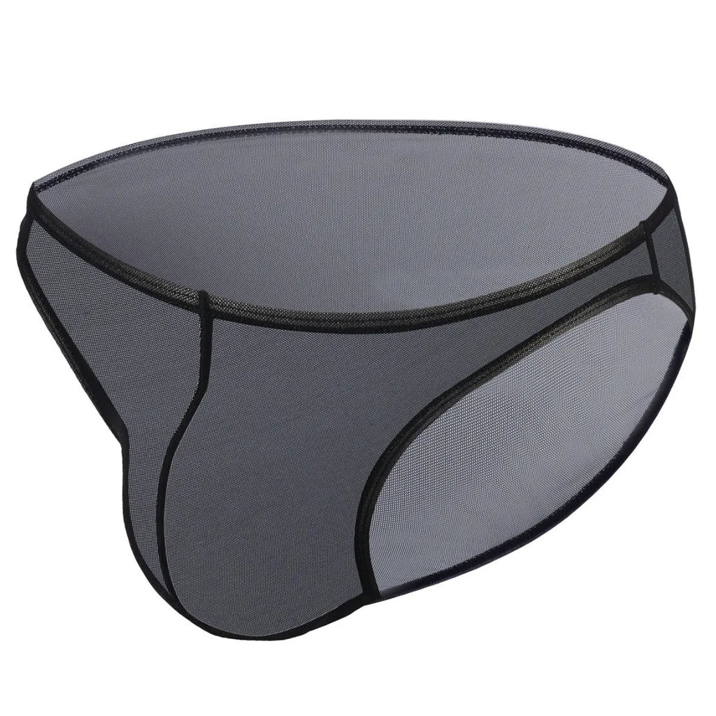 Man wearing black ice silk nylon triangle mid-waist briefs, showing quick-dry fashion shorts design.