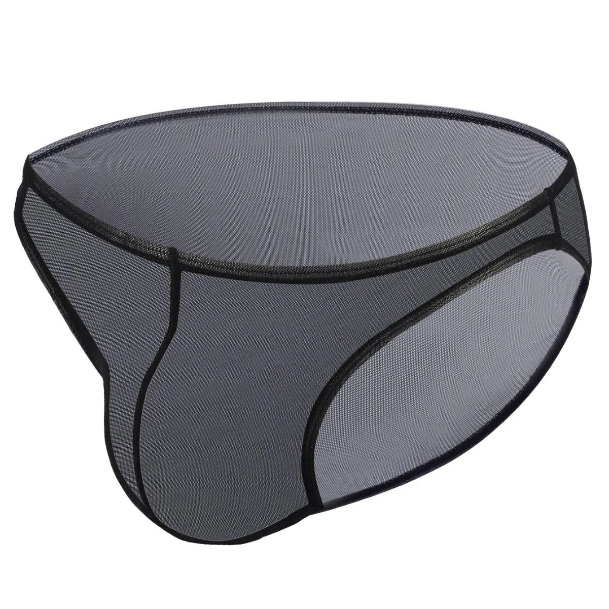 Man wearing black ice silk nylon triangle mid-waist briefs, showing quick-dry fashion shorts design.