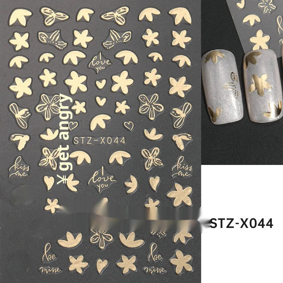 Cartoon love pattern nail art sticker decals in black and silver colours on a plastic sheet.